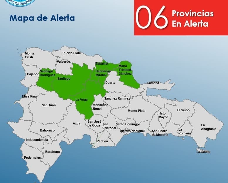 Las provincias en alerta son: Santiago, Santiago Rodríguez, María Trinidad Sánchez, La Vega, Hermana Mirabal y Espaillat. Las provincias en alerta son: Santiago, Santiago Rodríguez, María Trinidad Sánchez, La Vega, Hermana Mirabal y Espaillat.